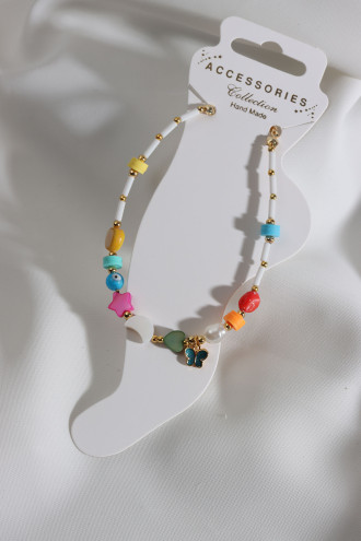 Beyaz Boncuklu Kelebek Uçlu Renkli Halhal