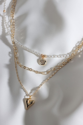 İncili 2'Li Gold Renk Kalp Uçlu Kolye