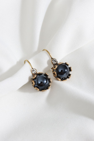 Yuvarlak Siyah Taşlı Parlak Otantik Küpe