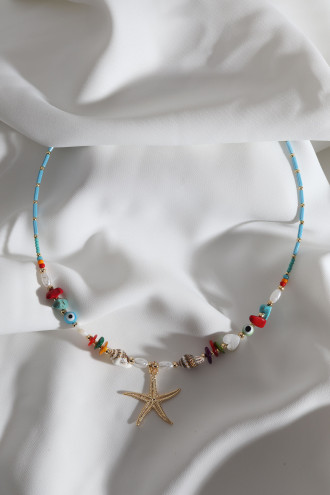 Deniz Yıldızı Uçlu Mavi Boncuk Kolye