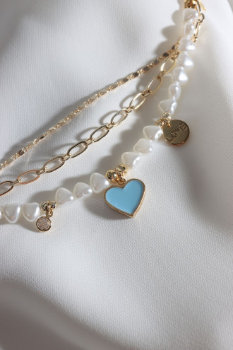 3'Lü İnci Detay Mineli Kalp Uçlu Gold Renk Bileklik