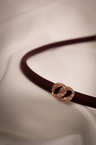 Bordo Yumuşak Deri Rose Renk Zircon Taşlı Choker