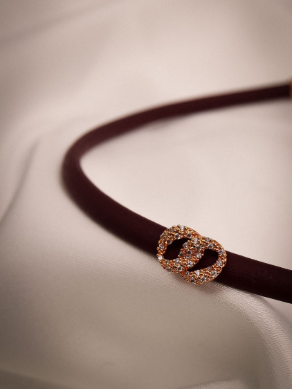 Bordo Yumuşak Deri Rose Renk Zircon Taşlı Choker