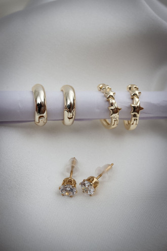 3'Lü Gold Renk Süzme Yıldız Halka Küpe 3'Lü Gold Renk Süzme Yıldız Halka Küpe