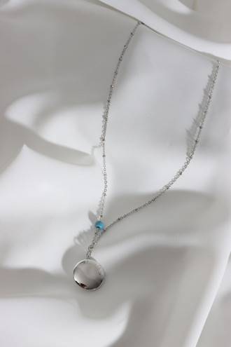 Lacıvert Mineli Kapaklı Çift Taraflı Kullanıma Uygun Yuvarlak Gümüş Renk Kolye