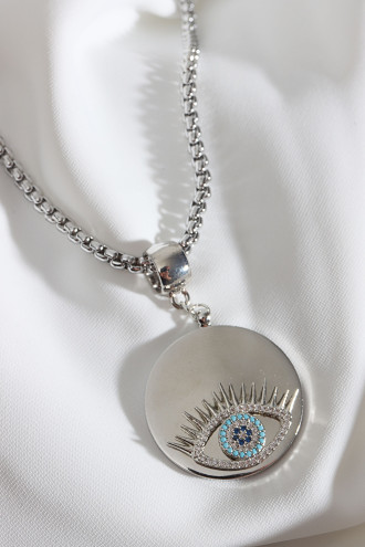 Uzun Zincirli Gümüş Renk Plaka Üzeri Taşlı Göz Kolye