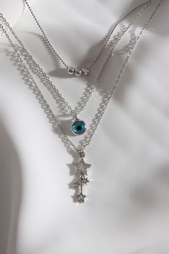 3'Lü Yıldız Ve Nazar Uçlu Gold Renk Kolye