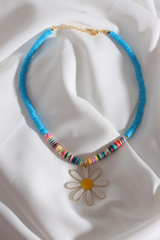 Mavi Fimo Boncuklu Beyaz Mineli Papatya Kolye