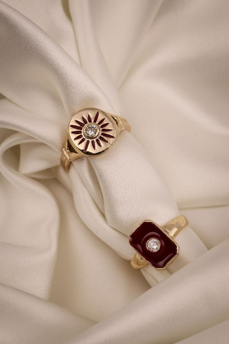 Bordo Mineli 2'Li Gold Renk Yüzük