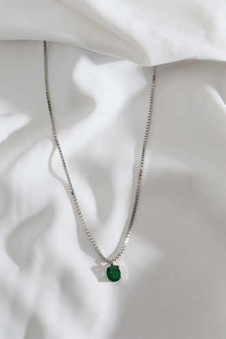 Yeşil Büyük Tek Taşlı Gümüş Renk Kolye
