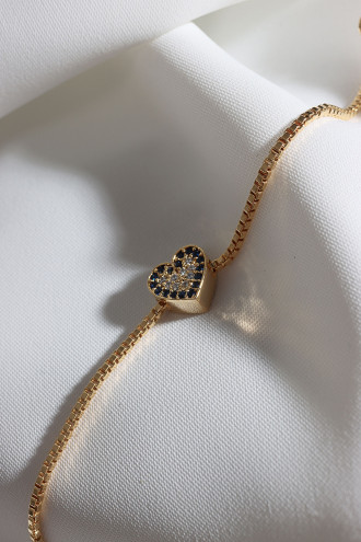 Lacivert Taş Şeritli Zircon Taşlı Gold Renk Kalp Bileklik