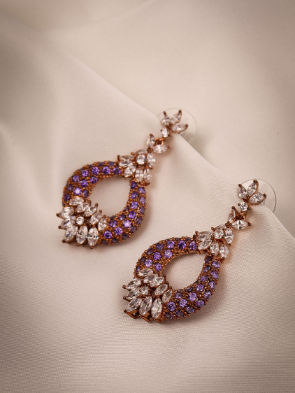 Rose Renk Mor Zircon Taşlı Sallantılı Abiye Küpe