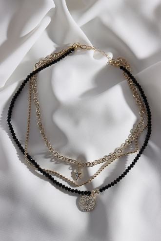 Siyah Kristal Taşlı 3'Lü Gold Renk Kolye