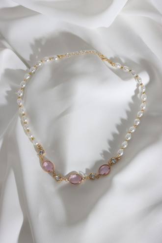 Pembe Oval Taşlı İnci Kolye