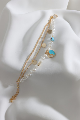 3'Lü Mavi Mineli Kalp Uçlu Inci Bileklik