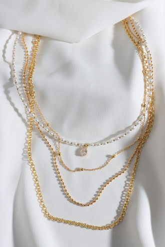 4'Lü Inci Tek Taş Gold Renk Kolye