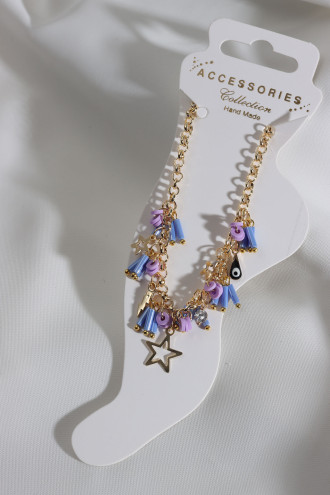 Lila Boncuk Sallantılı Gold Renk Halhal