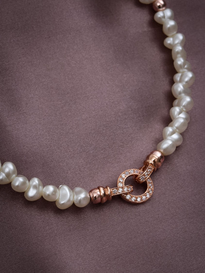 Taşlı Oval Halka Uçlu Rose Inci Kolye