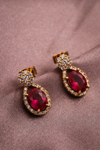 Pembe Taşlı Küçük Boy Gold Renk Abiye Küpe