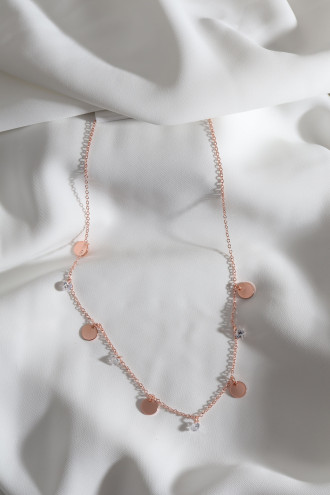 Pul Ve Taş Detaylı Rose Renk Zincir Kolye