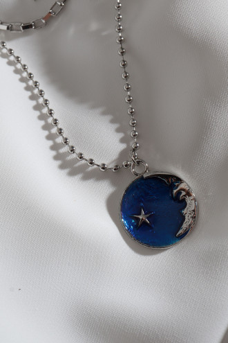 Lacivert Mineli Ay Uçlu Gümüş Renk Zincir Kolye
