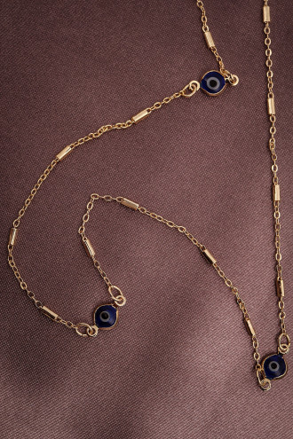 Uzun Lacivert Nazarlı Gold Renk Kolye