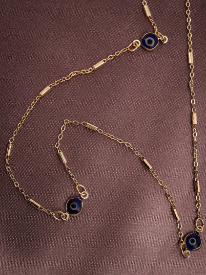 Uzun Lacivert Nazarlı Gold Renk Kolye