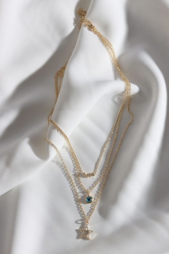 3'Lü Yıldız Ve Nazar Uçlu Gold Renk Kolye