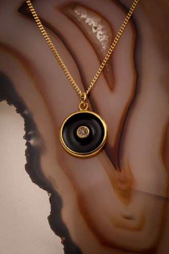Siyah Mineli Tek Taş Gold Renk Kolye