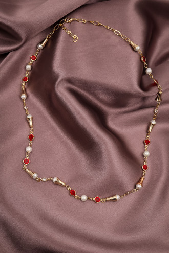 Küçük Kırmızı Taş Detaylı Incili Kolye