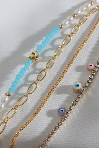 4'Lü Mavi Boncuk Detaylı Gold Renk Çoklu Bileklik