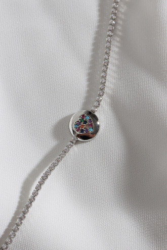 Renkli Taşlı Kalp Figürlü Zircon Taşlı Gümüş Renk Suyolu Bileklik