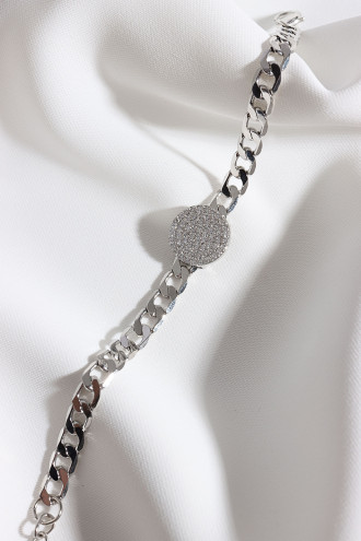 Beyaz Zircon Taşlı Yuvarlak Gümüş Renk Zincir Bileklik