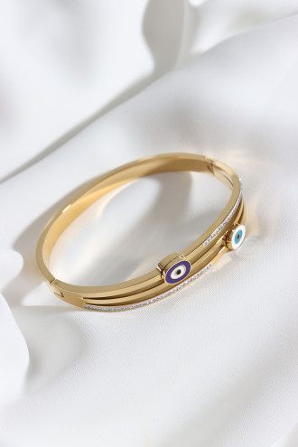 Sıra Taşlı Ve Nazar Mineli Gold Renk Çelik Kelepçe Bileklik Sıra Taşlı Ve Nazar Mineli Gold Renk Çelik Kelepçe Bileklik