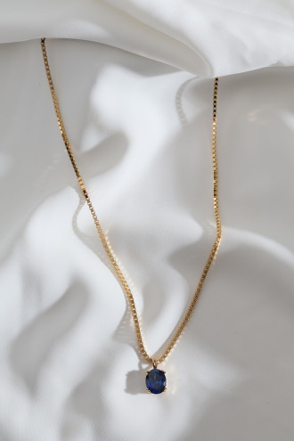Lacivert Büyük Tek Taşlı Gold Renk Kolye