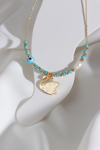 Mavi Boncuklu Zircon Taşlı Kuğu Sallantılı Gold Renk Halhal