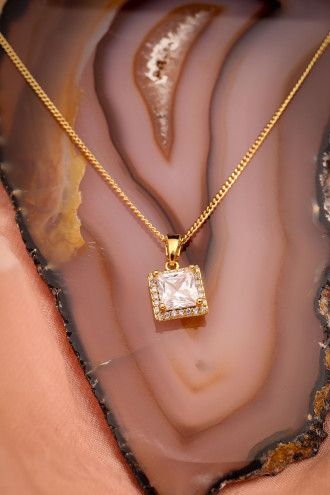 Kare Taşlı Tek Taş Gümüş Renk Kolye