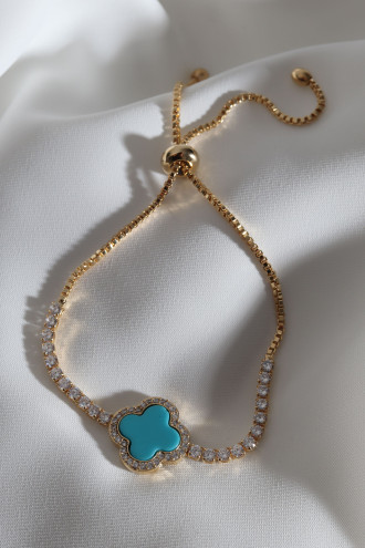 Mavi Mineli Yonca Asansörlü Gold Renk Bileklik