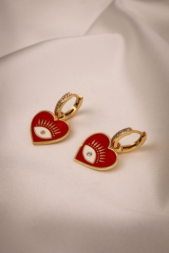 Kırmızı Mineli Kalp Halka Küpe