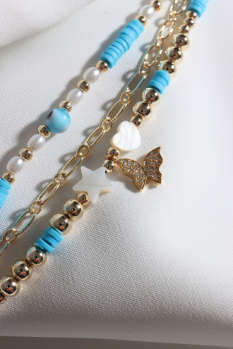 3Lü Kelebek Uçlu Mavi Renk Fimo Boncuklu Bileklik