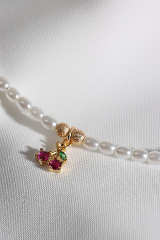 İnci Kırmızı Taşlı Kiraz Kolye