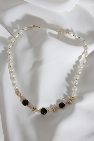 Siyah Yuvarlak Taşlı İnci Kolye