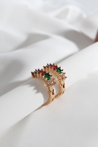 Renkli Kare Taşlı Küçük Boy Zircon Gold Renk Küpe