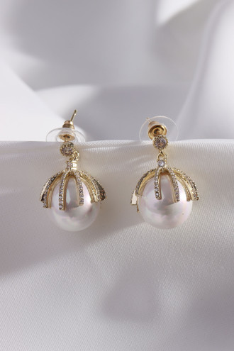 Zircon Taşlı Inci Gold Renk Küpe