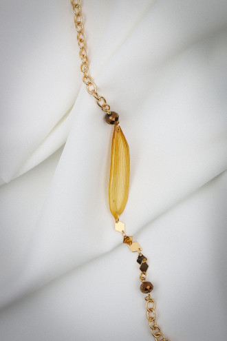 Yaprak Detaylı Gold Renk Uzun Zincir Kolye