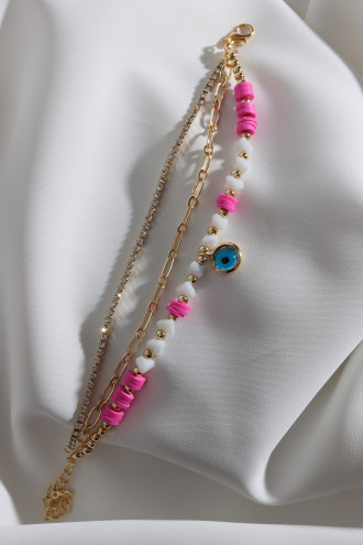 3'Lü Gold Renk Su Yolu Detaylı Pembe Boncuklu Nazar Bileklik