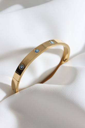 Mineli Nazar Gold Renk Çelik Kelepçe Bileklik