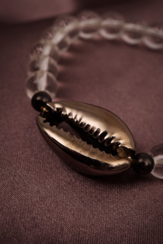 Deniz Kabuğu Uçlu Antrasit Lastikli Kristal Bileklik