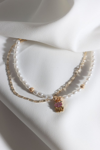 2'Li İnci Ve Gold Renk Zincirli Pembe Taşlı Deniz Anası Figür Bileklik