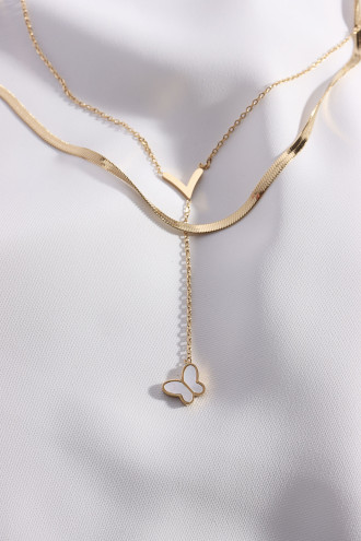 Ikili Kelebek Sallantılı Çelik Gold Renk Kolye